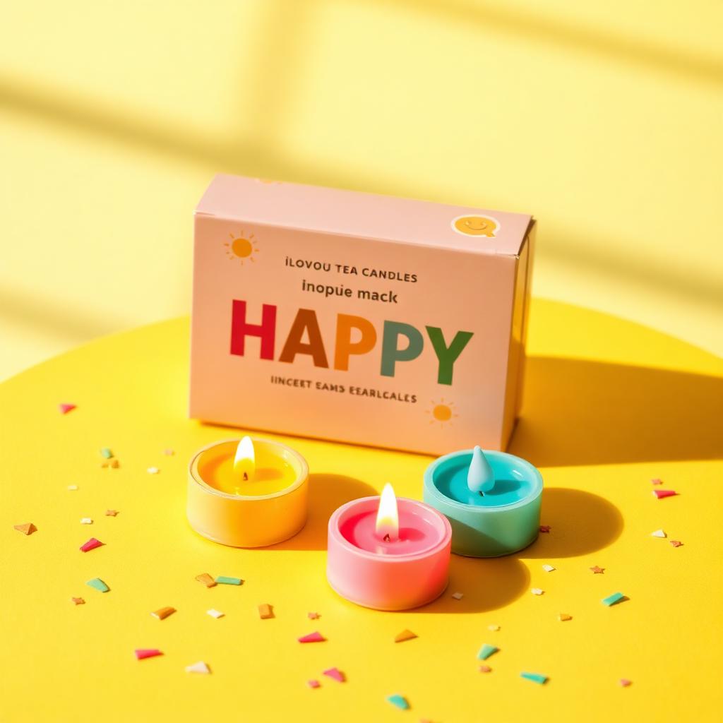 Happy mood pack of colorful tea lights on a bright yellow background with confetti