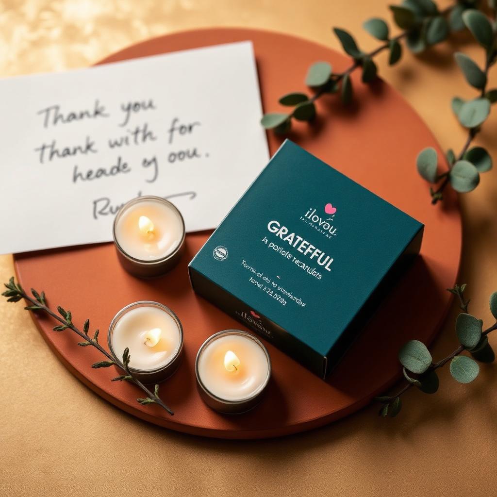Grateful mood pack of warm tea lights with a handwritten thank-you note and eucalyptus
