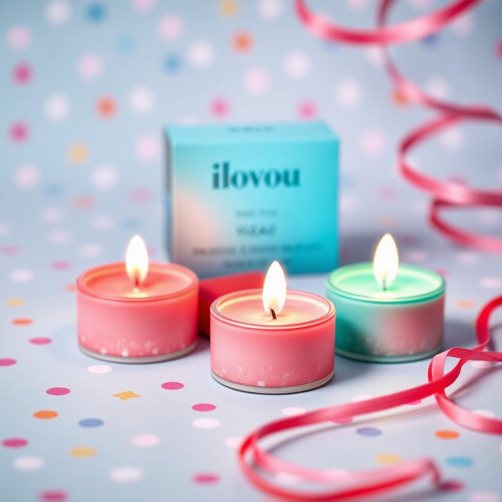 Playful mood pack of bright tea lights with candy dots and streamers