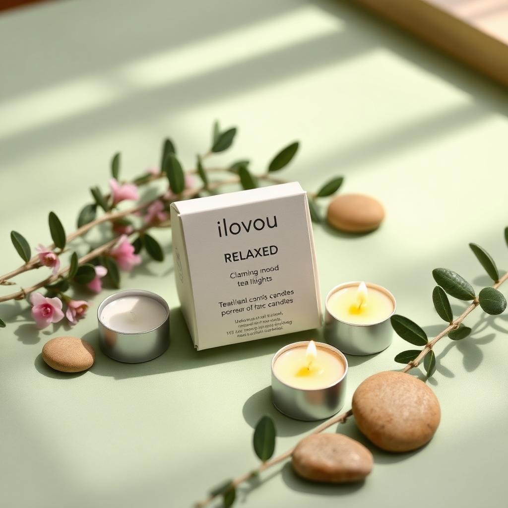 Relaxed mood pack of tea lights with eucalyptus leaves and smooth stones