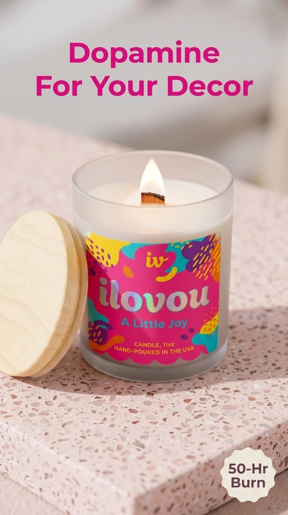 ilovou 11 oz candle with wooden lid — dopamine for your decor, 50-hour burn