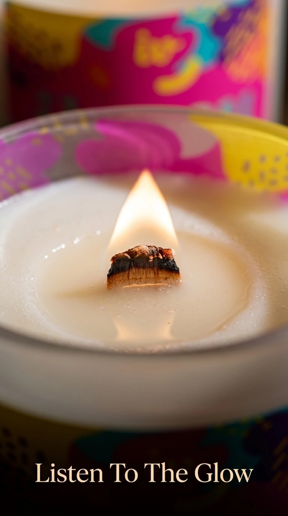 Close-up of the crackling wood wick flame on an ilovou candle