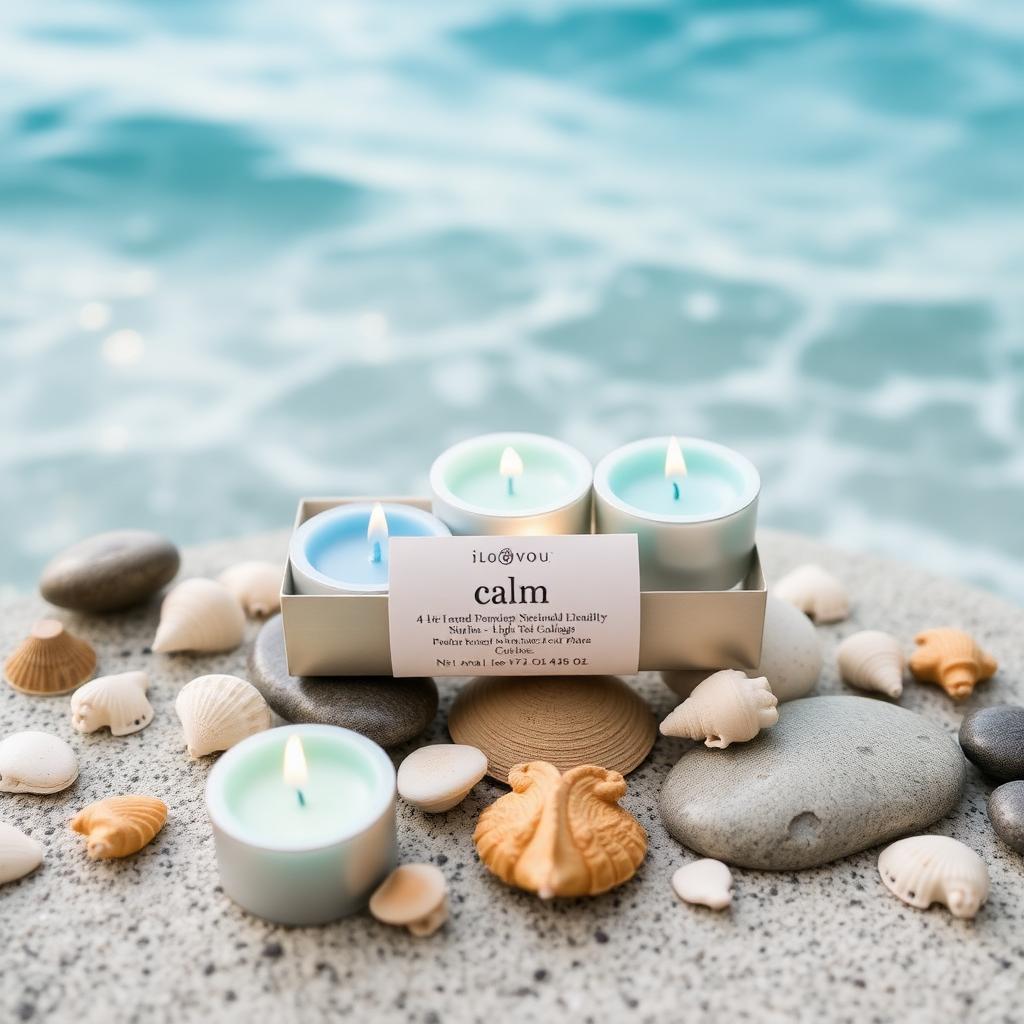 Calm mood pack of seafoam tea lights with ocean waves and shells