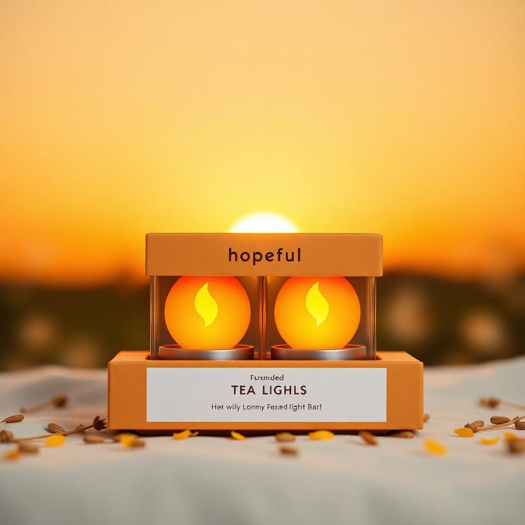 Hopeful mood pack of sunrise tea lights with golden rays and dandelion seeds