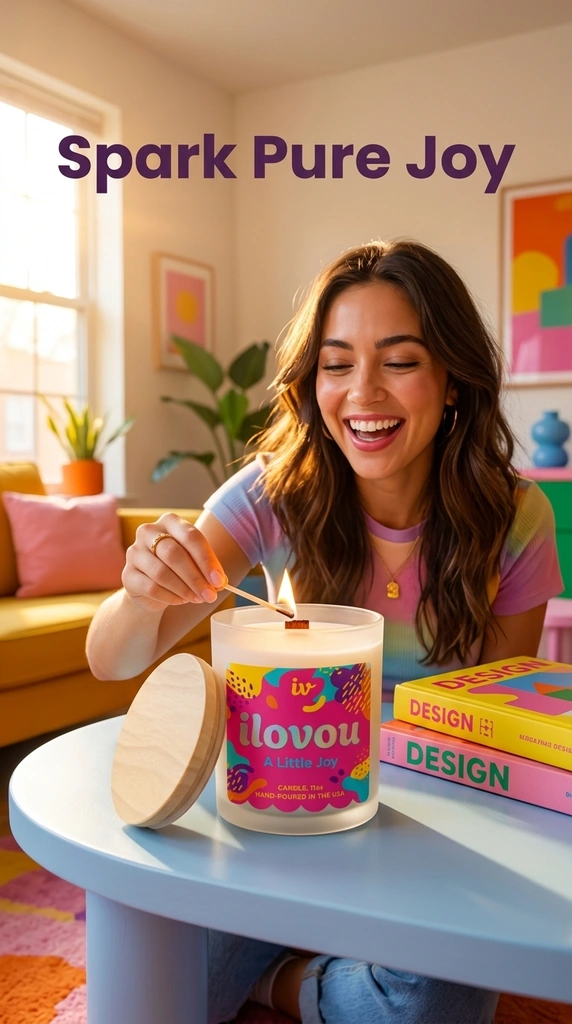 Woman lighting an ilovou 11 oz candle with the text Spark Pure Joy