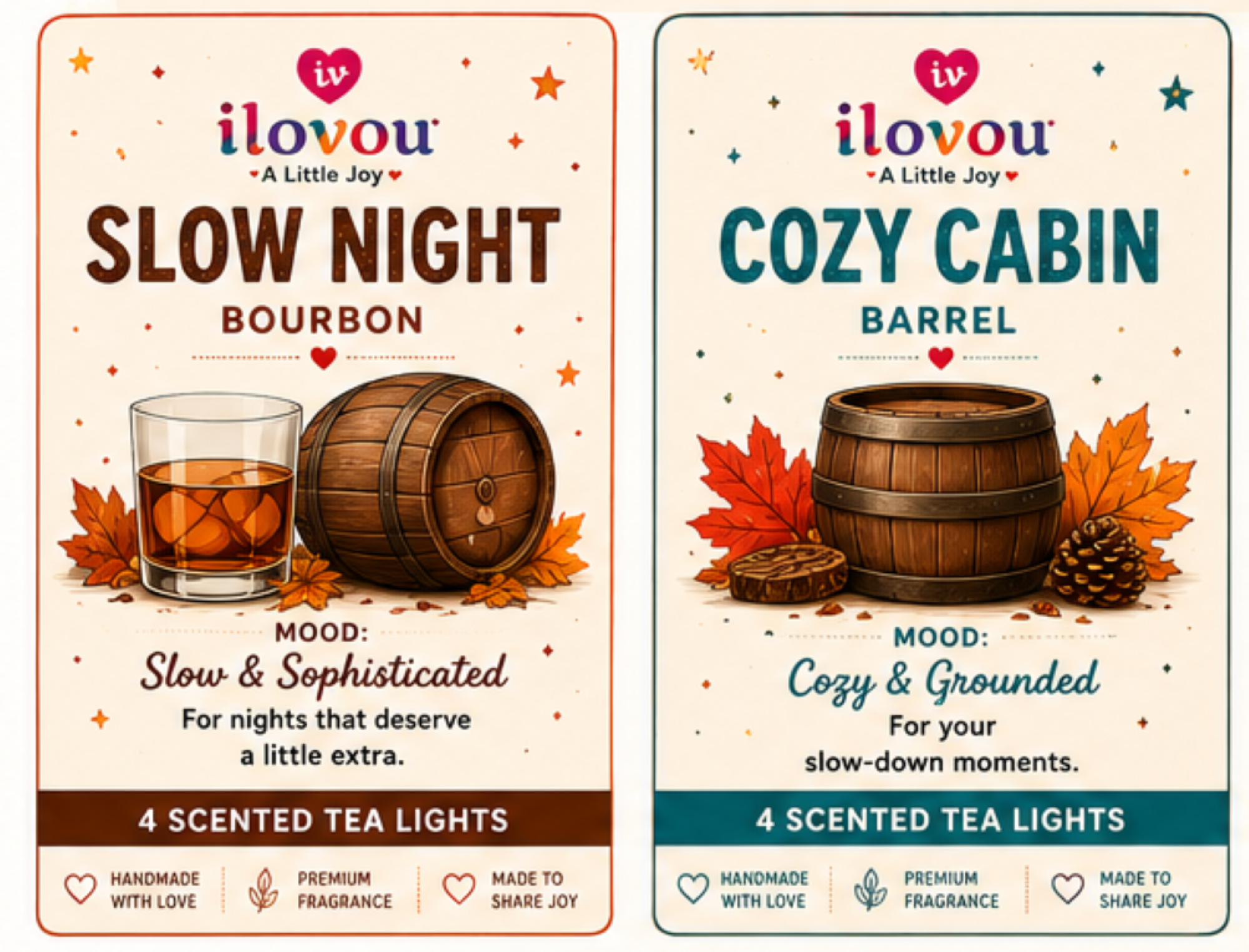 Fall Into Joy scents: Slow Night Bourbon and Cozy Cabin Barrel
