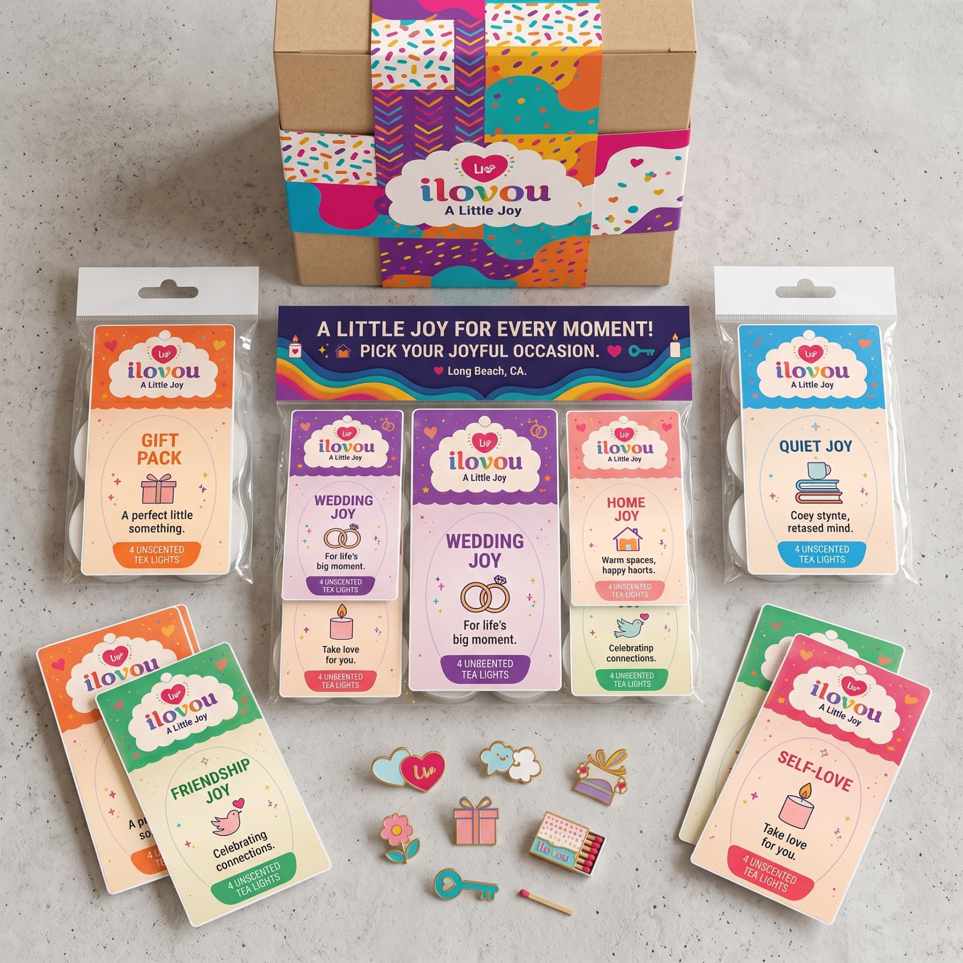 ilovou joy packs and occasion cards laid out together