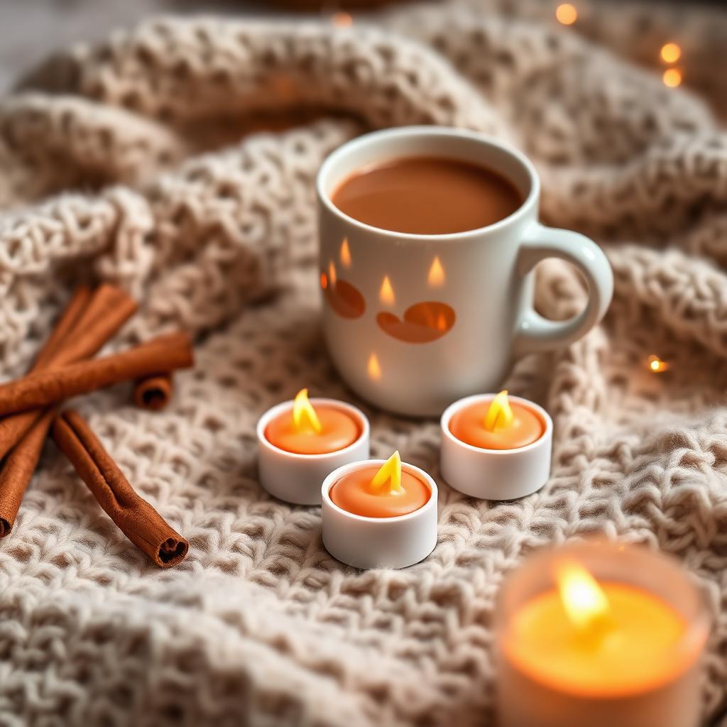 Cozy mood pack of warm amber tea lights with a cocoa mug and cinnamon sticks