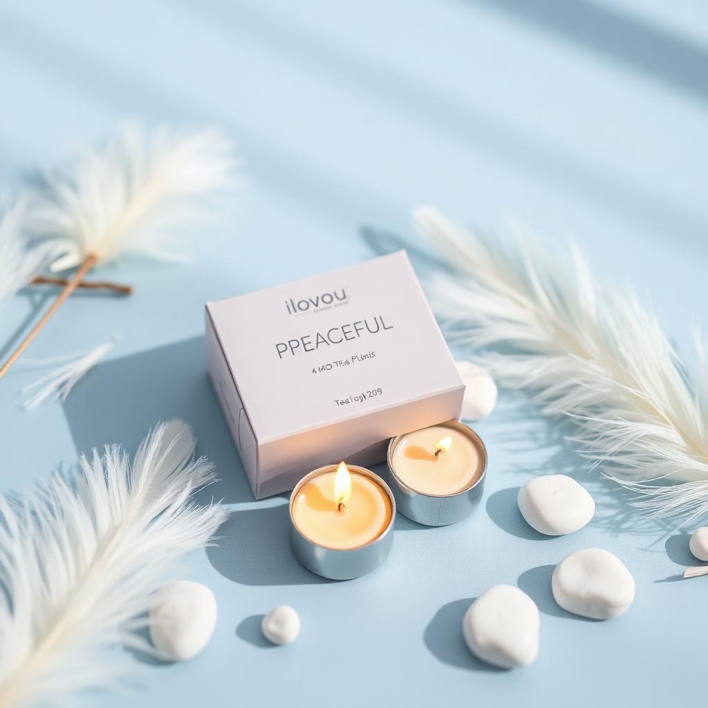 Peaceful mood pack of soft tea lights with white feathers and smooth stones