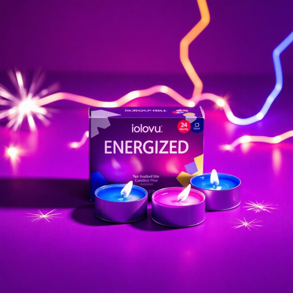 Energized mood pack of vibrant purple and blue tea lights with electric sparkles