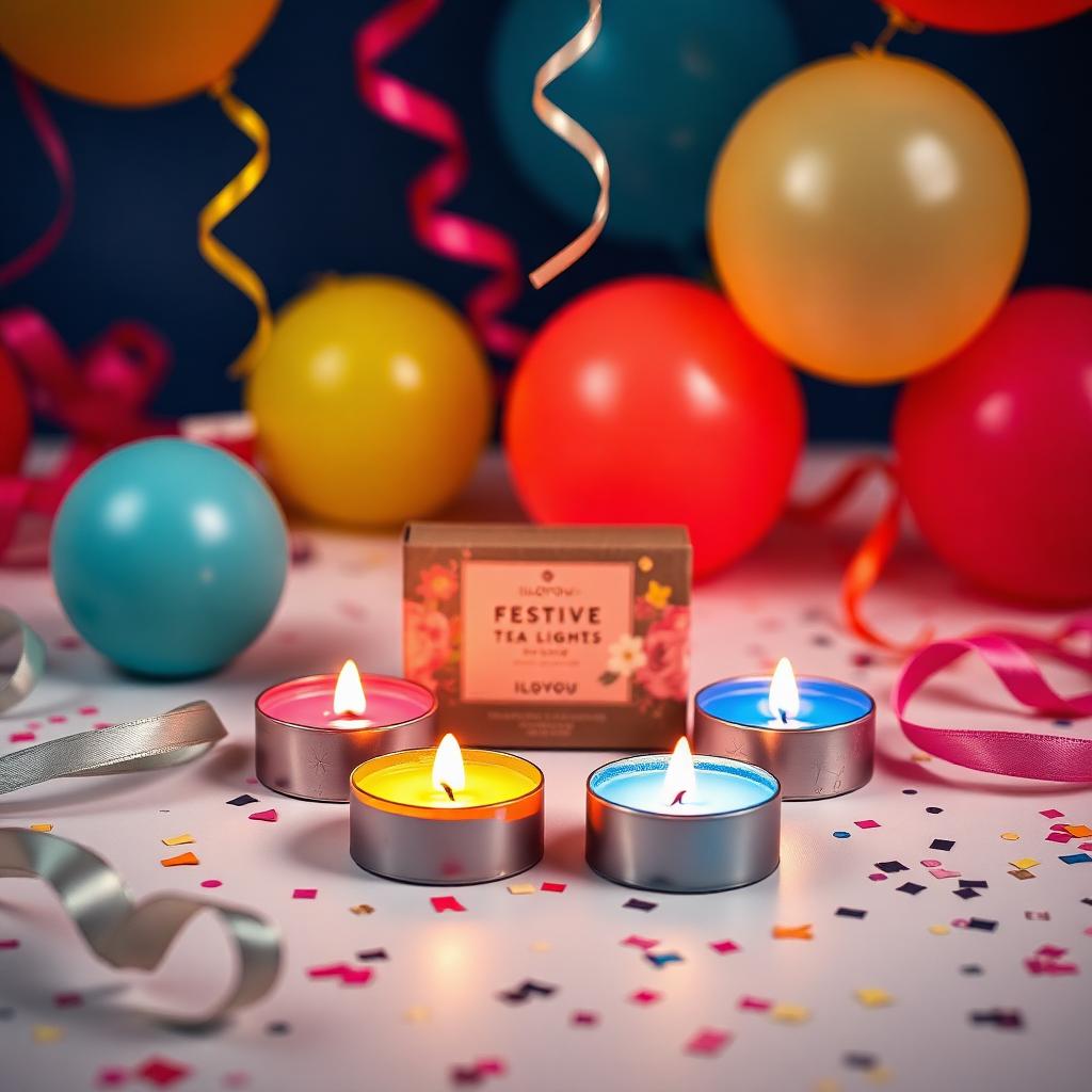 Festive mood pack of colorful tea lights with balloons and ribbons