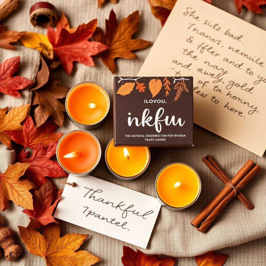 Thankful mood pack of warm amber tea lights with autumn leaves and cinnamon