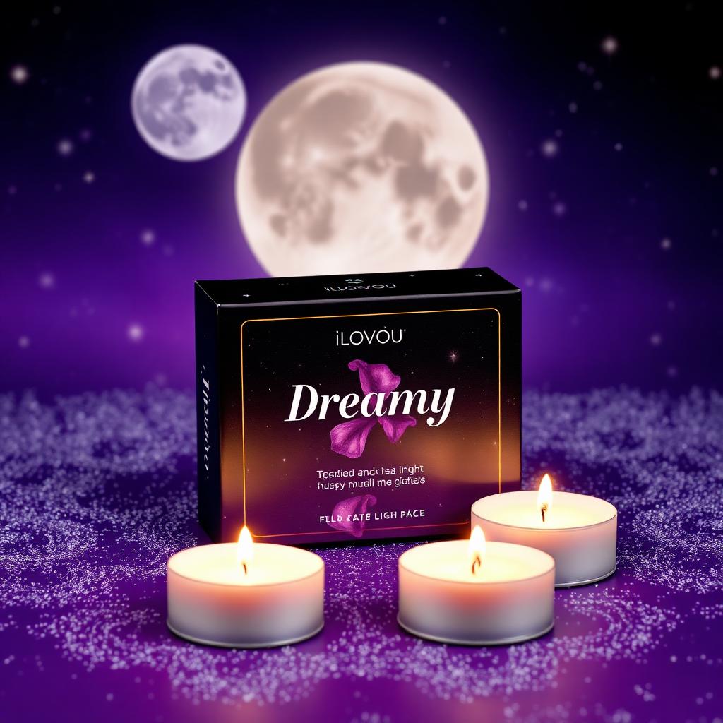 Dreamy mood pack of tea lights under a starry moonlit sky