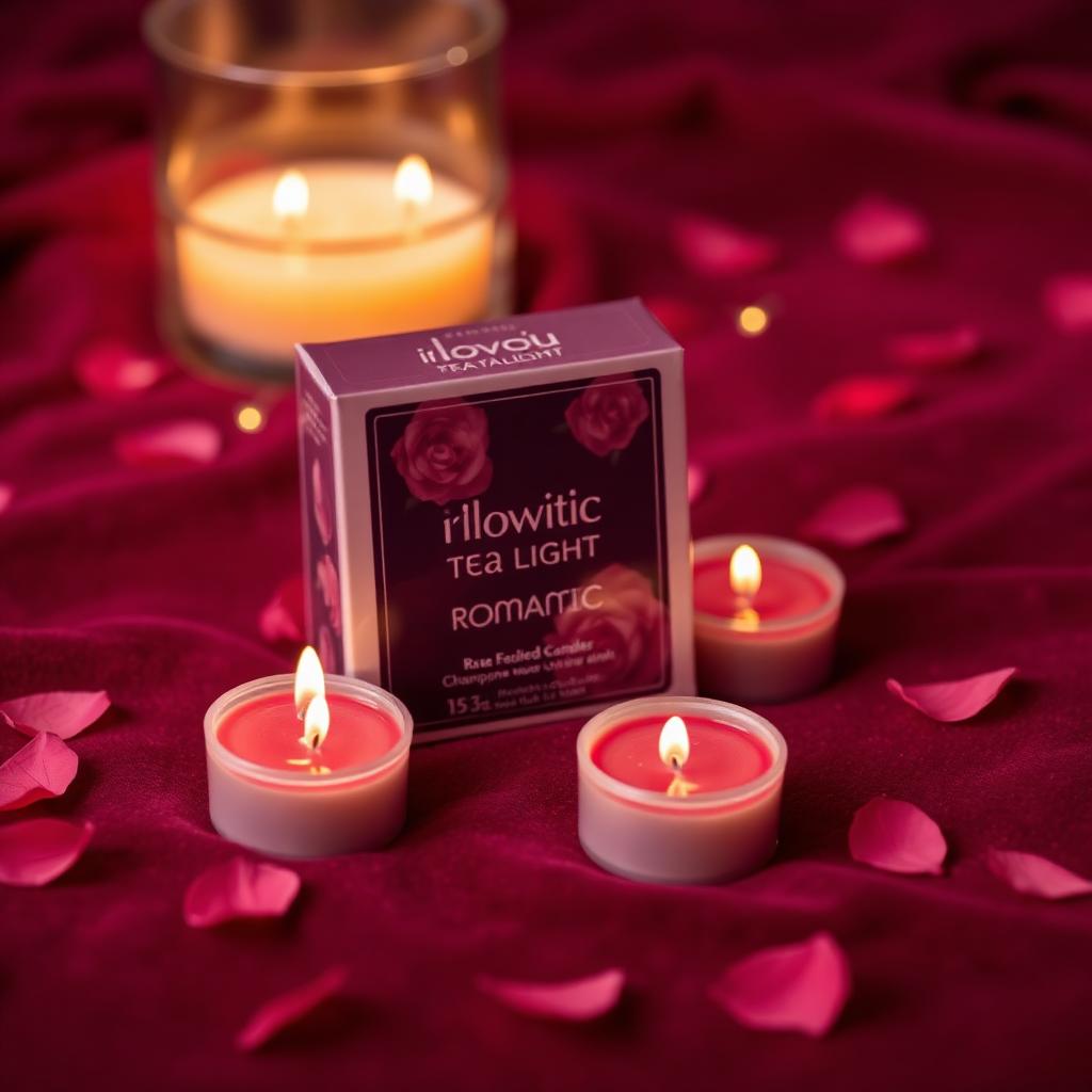 Romantic mood pack of rose-colored tea lights with rose petals and fairy lights