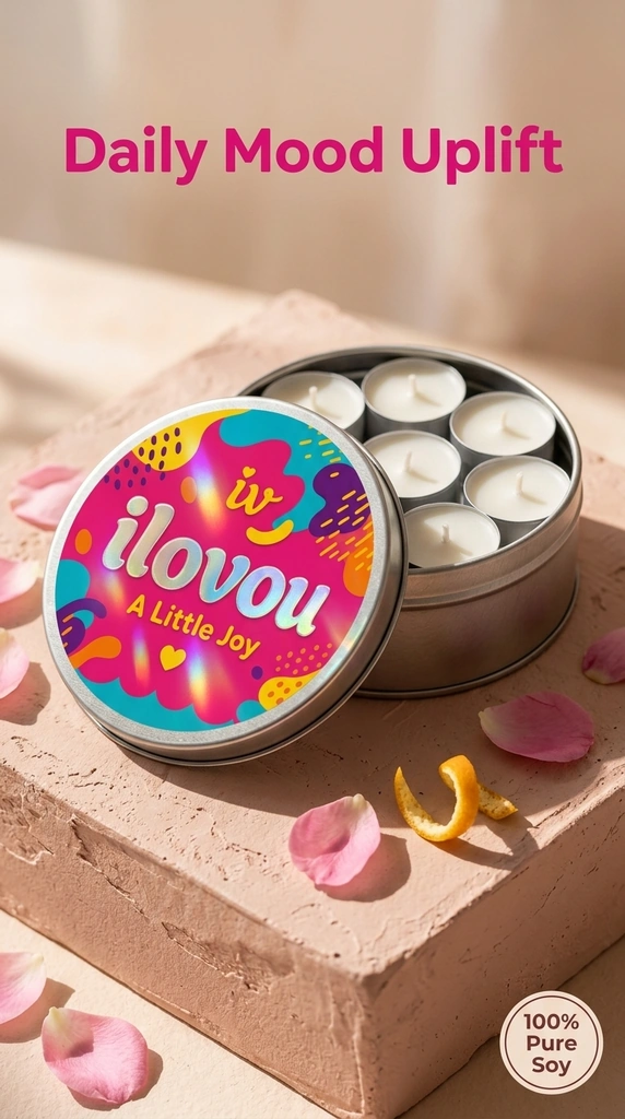 ilovou Daily Mood Uplift tin of scented tea light candles